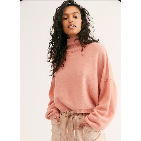 Free People So Low So High Cashmere Sweater Soft Peach XS FP Cropped Turtleneck - Picture 1 of 12